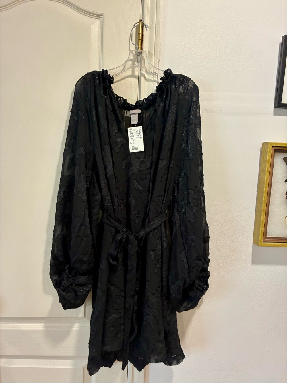 H&M New Black Textured Long Sleeve Mini Dress with Tie Waist Size Large